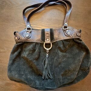 Italian made Black Suede Tote Bag with Brown Trim and Tassel